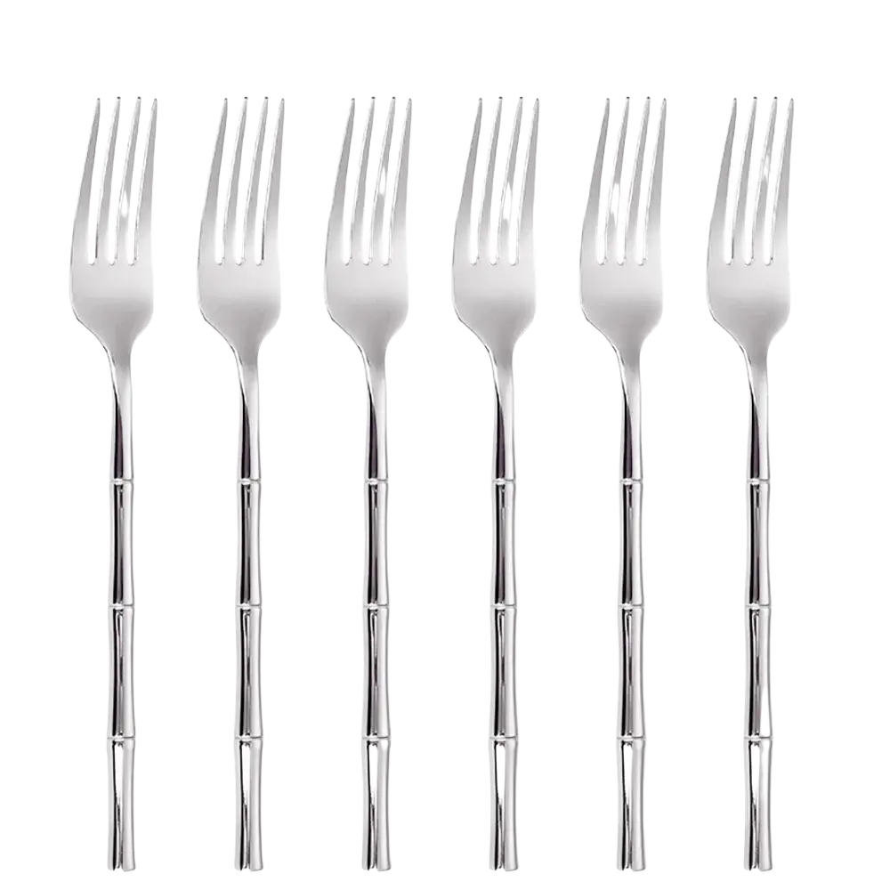Set of six stainless steel forks with a sleek bamboo-inspired design in a stainless steel bamboo cutlery set