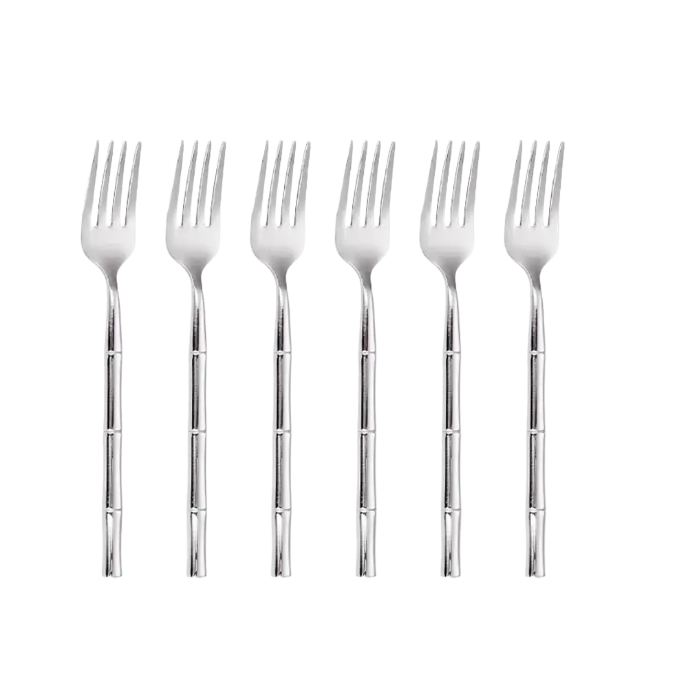 Set of six silver-toned stainless steel bamboo-patterned forks with a sleek modern design for dining use