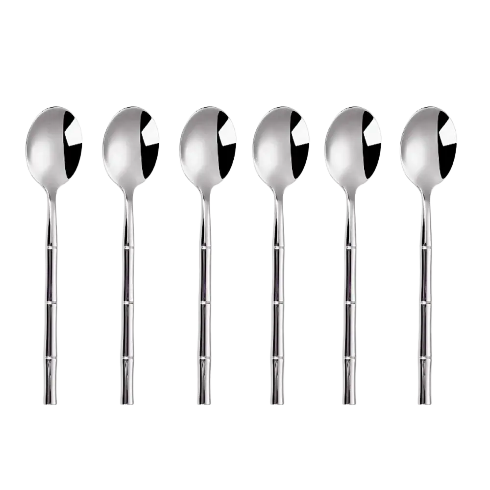 Set of six sleek stainless steel spoons with bamboo inspired handles in a stainless steel bamboo cutlery set