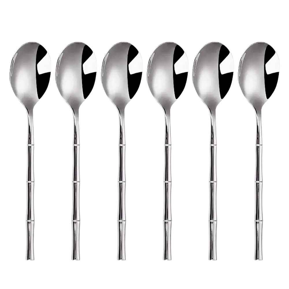 Set of six sleek stainless steel spoons with bamboo inspired handles from stainless steel bamboo cutlery set
