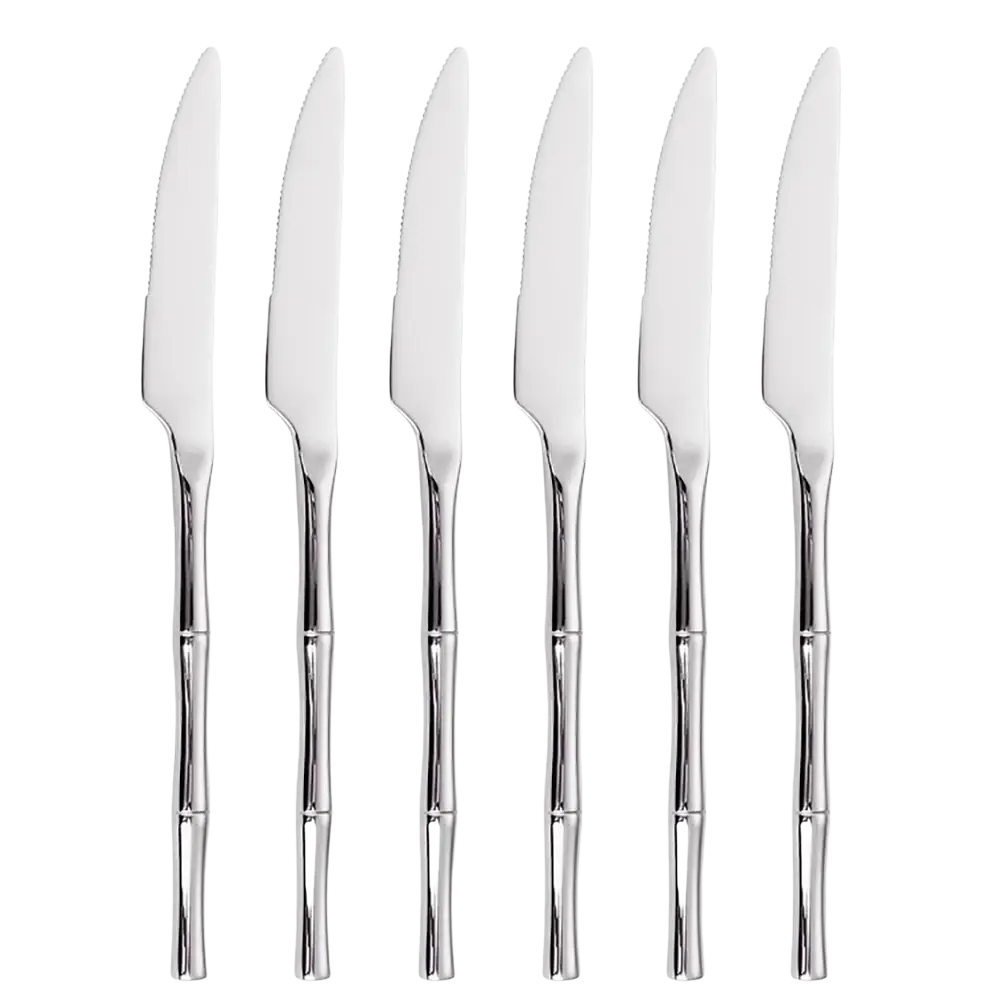 Set of six silver-toned stainless steel steak knives with bamboo-inspired handles in a cutlery set
