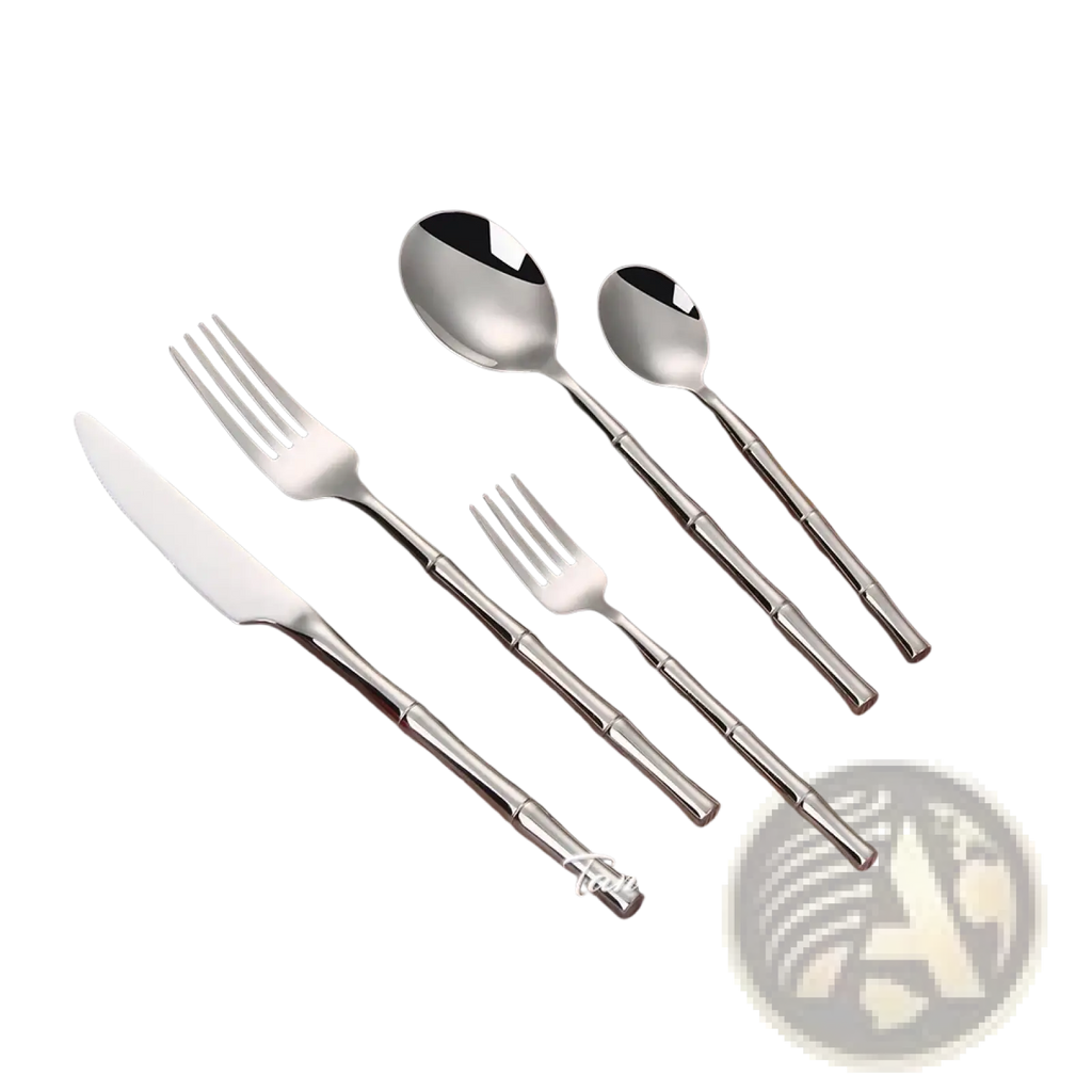 Stainless steel bamboo cutlery set with polished metallic handles including knife two forks and two spoons
