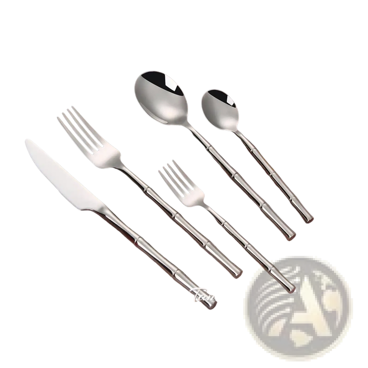 Stainless steel bamboo cutlery set with polished metallic handles including knife two forks and two spoons