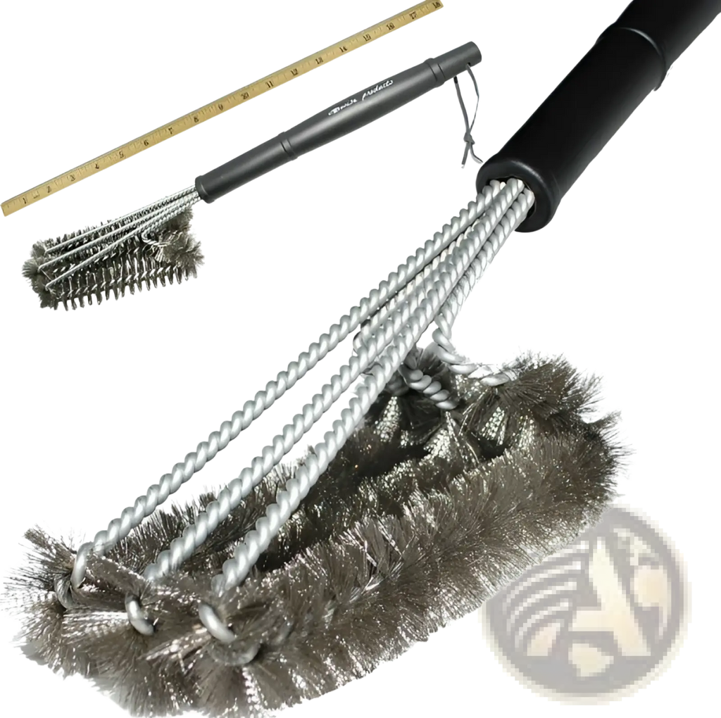 Black-handled stainless steel bbq grill brush with 360 cleaning power featuring twisted metal and wire bristles
