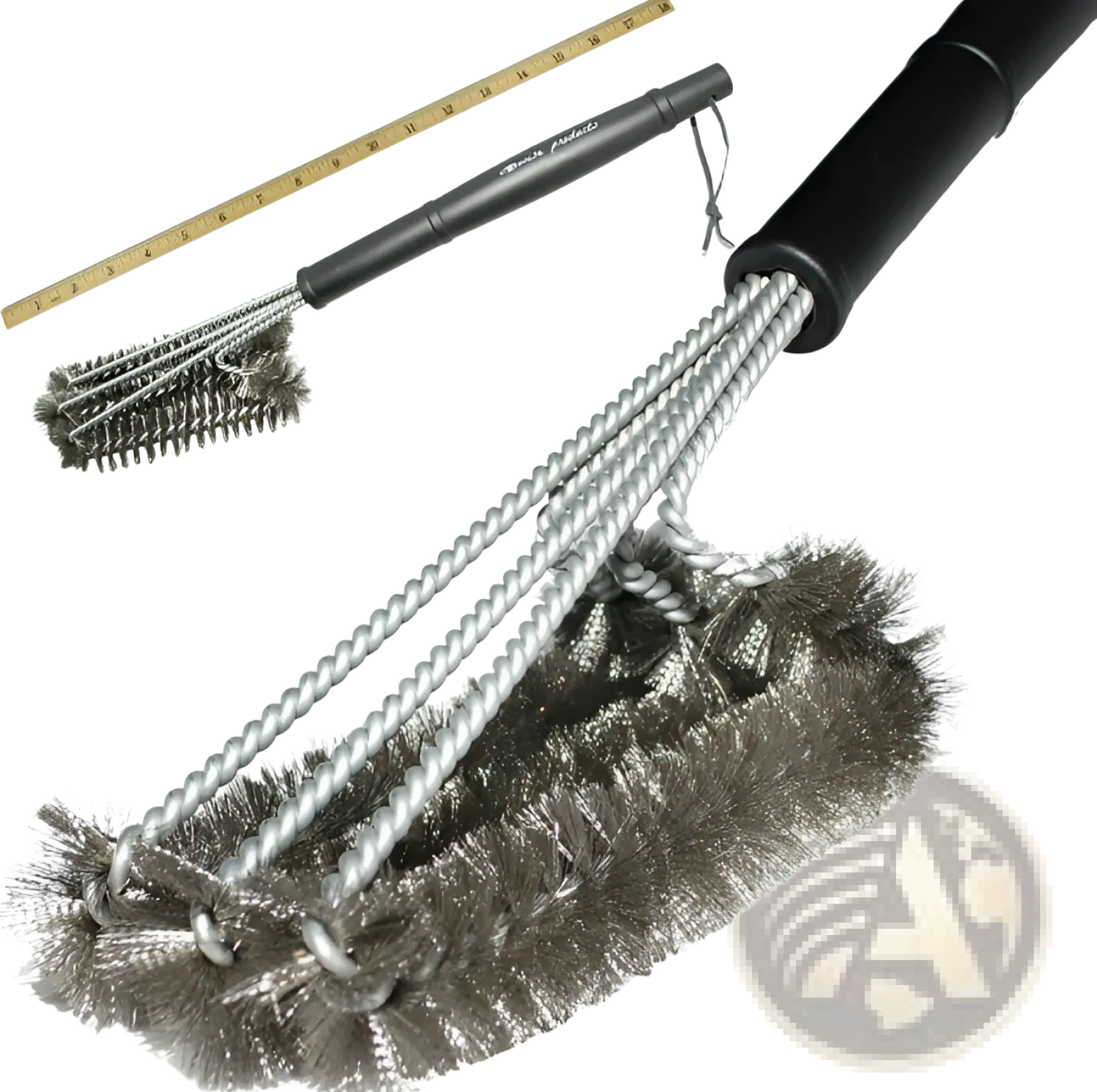 Black-handled stainless steel bbq grill brush with 360 cleaning power featuring twisted metal and wire bristles