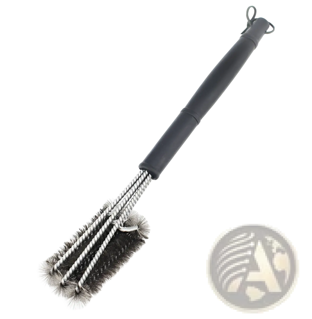 Stainless steel BBQ grill brush with black handle, stainless steel bristles, and hanging loop for 360 cleaning power