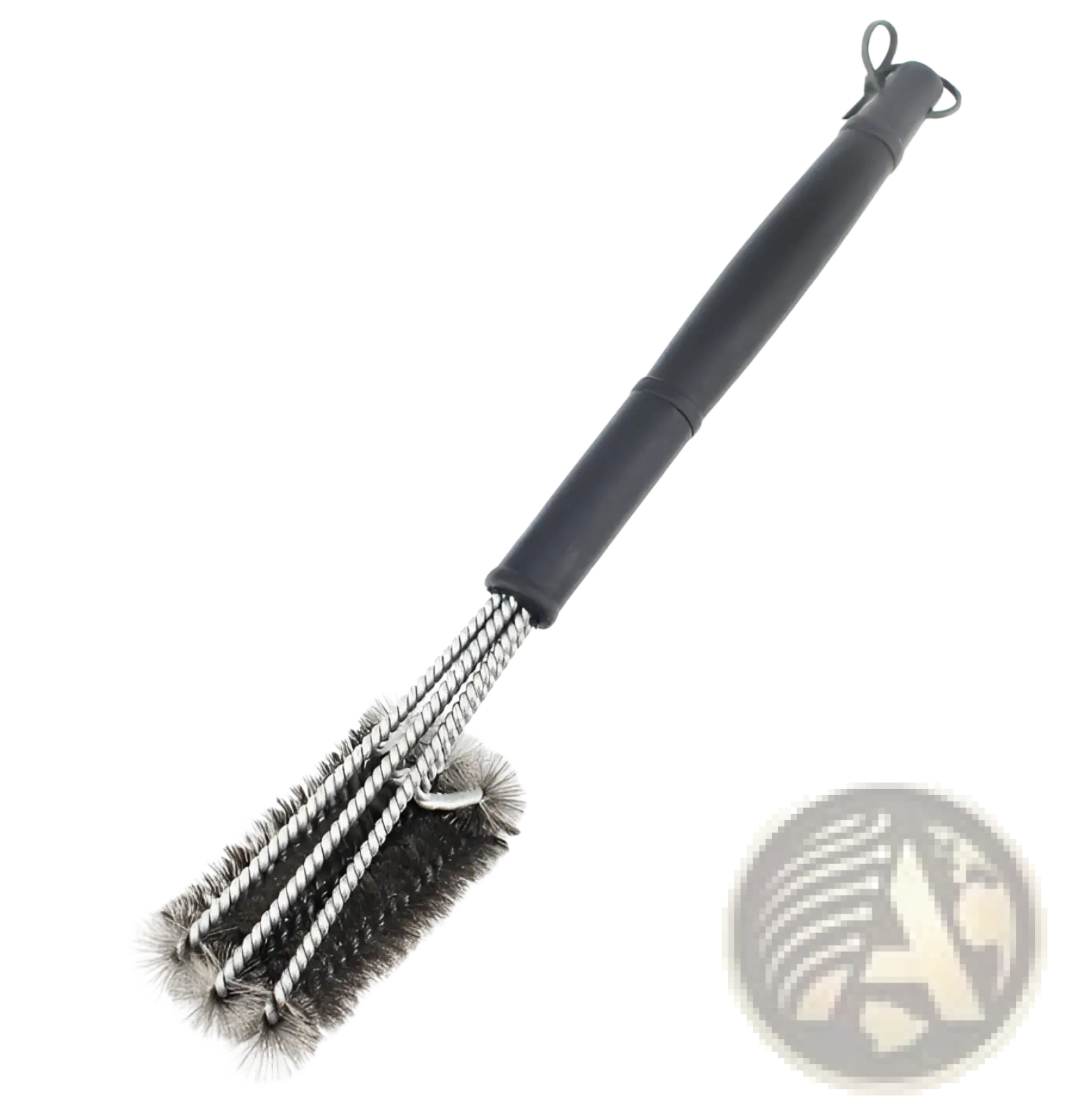 Stainless steel BBQ grill brush with black handle, stainless steel bristles, and hanging loop for 360 cleaning power