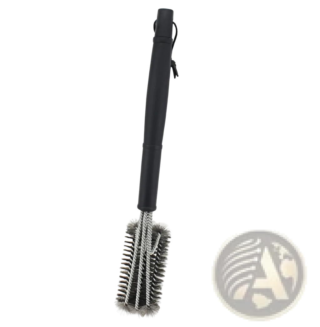 Black-handled stainless steel bbq grill brush with 360 cleaning power featuring dense multi-row bristles