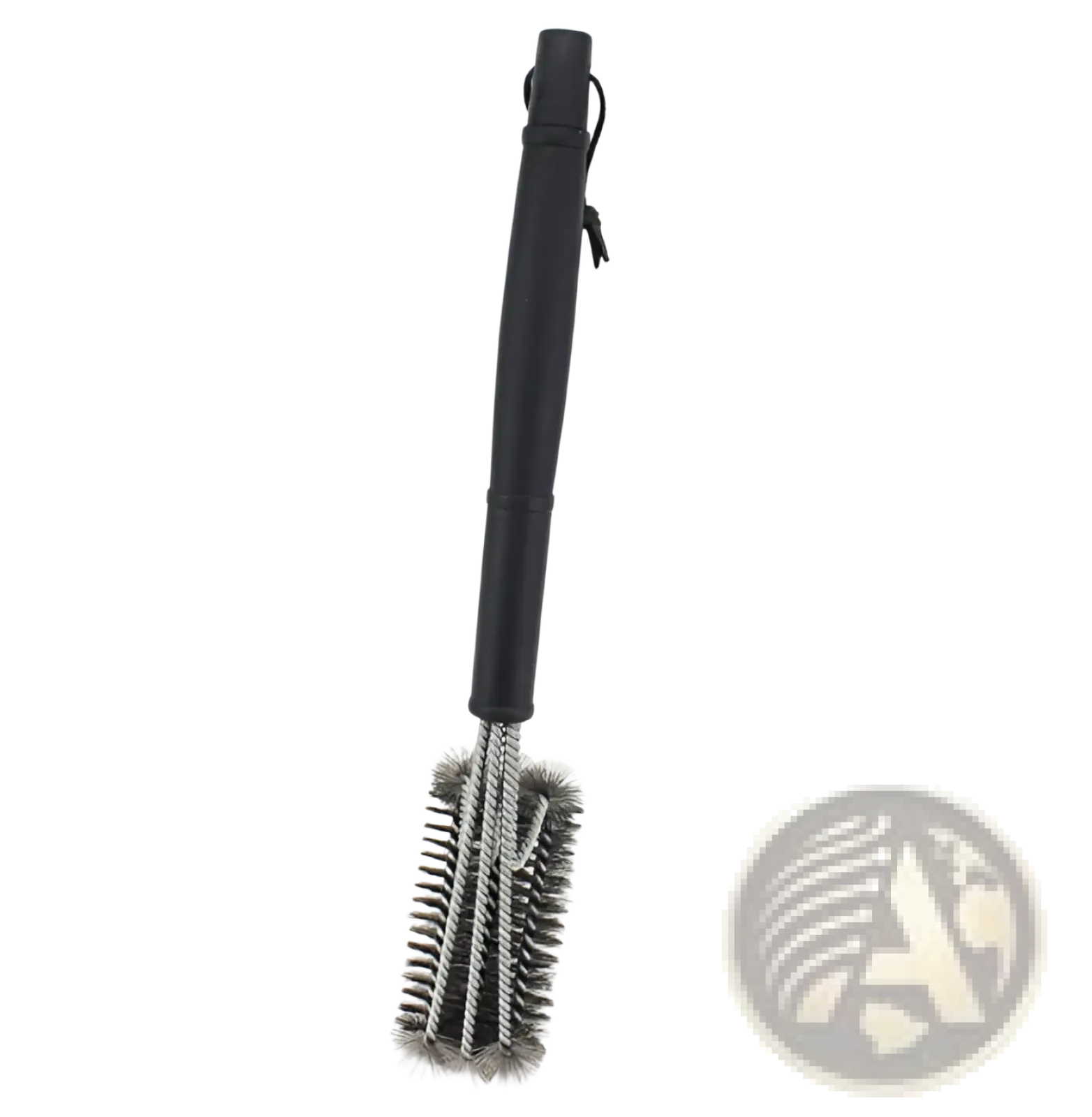 Black-handled stainless steel bbq grill brush with 360 cleaning power featuring dense multi-row bristles