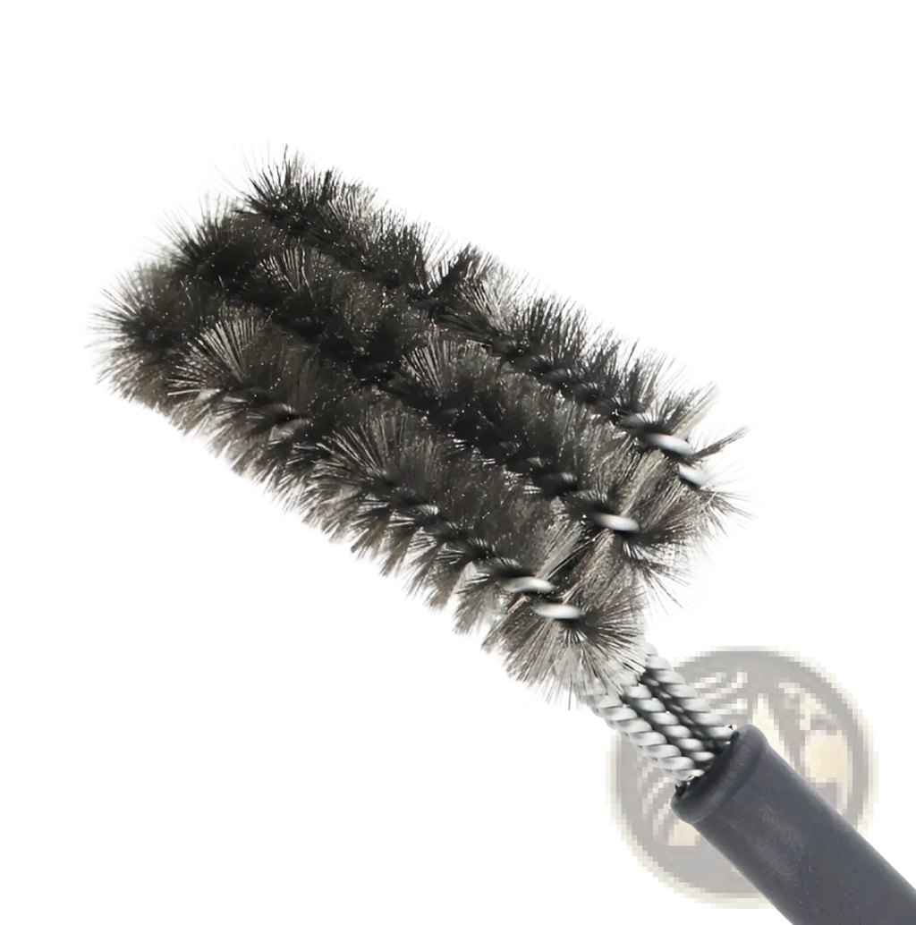Black-bristled stainless steel bbq grill brush with textured grip handle and 360 cleaning power for thorough cleaning