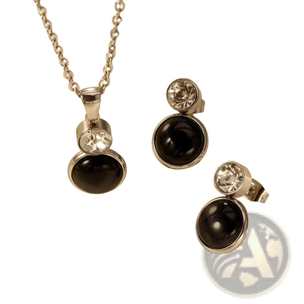 Silver-toned stainless steel black onyx necklace and earring set with clear crystal accents for elegant wear