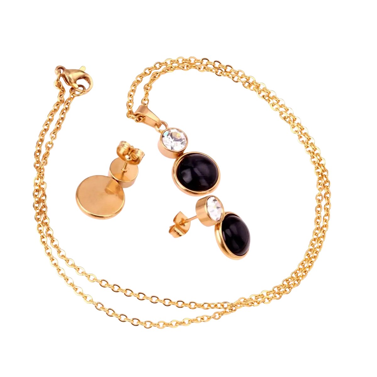 Gold-toned stainless steel black opal necklace with clear crystal accents and matching stud earrings set