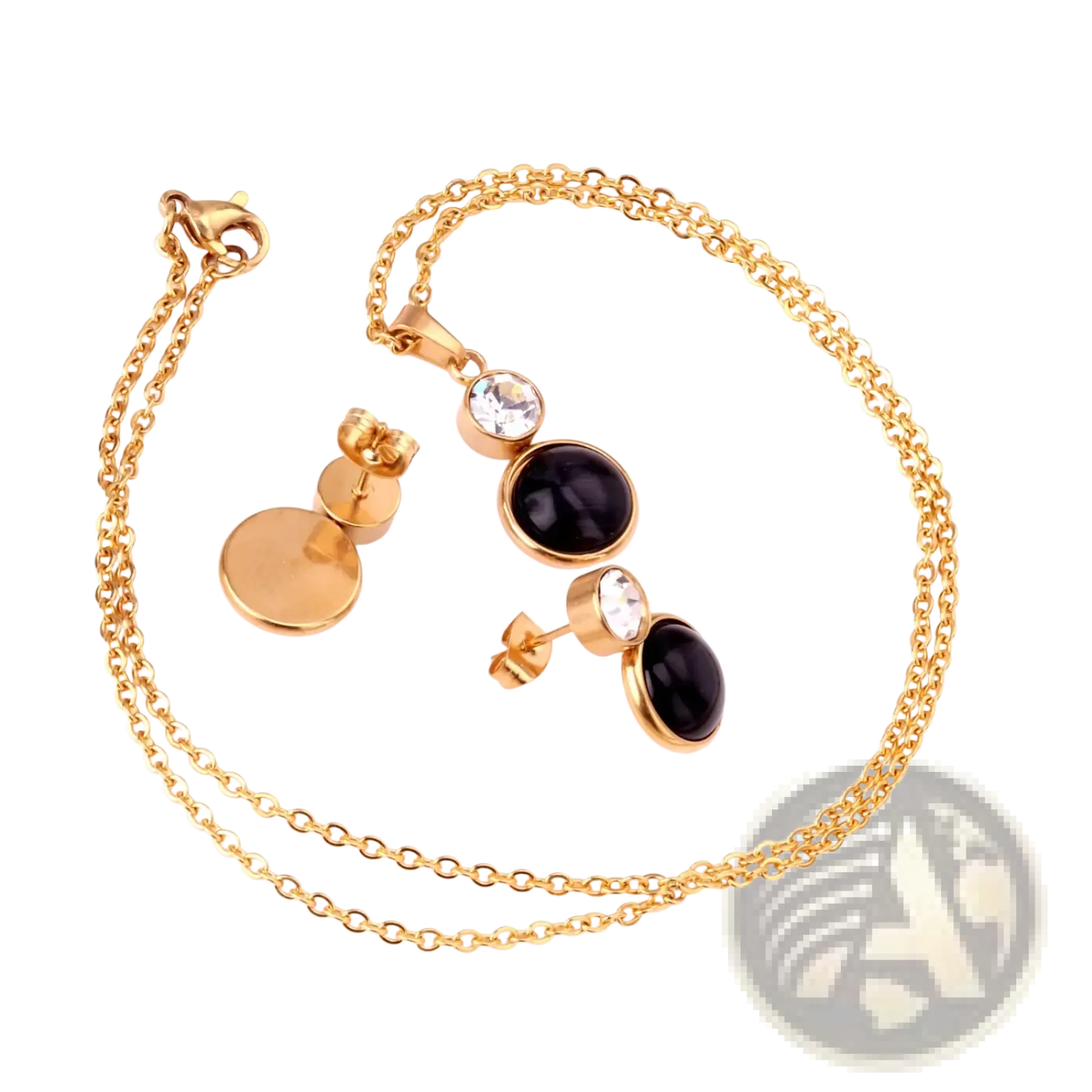 Gold-toned stainless steel black opal necklace with clear crystal accents and matching stud earrings set