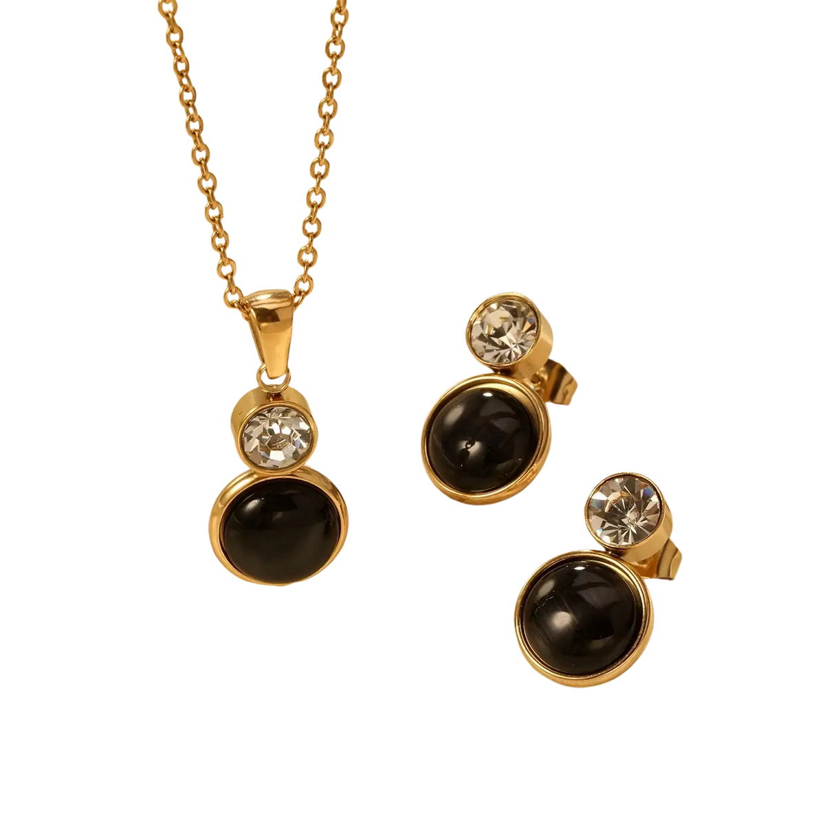 Gold-toned stainless steel black opal necklace and stud earrings set with black onyx rounds and clear crystal accents