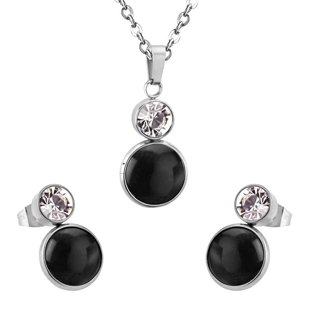 Stainless steel black opal necklace and earring set featuring black onyx and crystal pendant with stainless steel accents