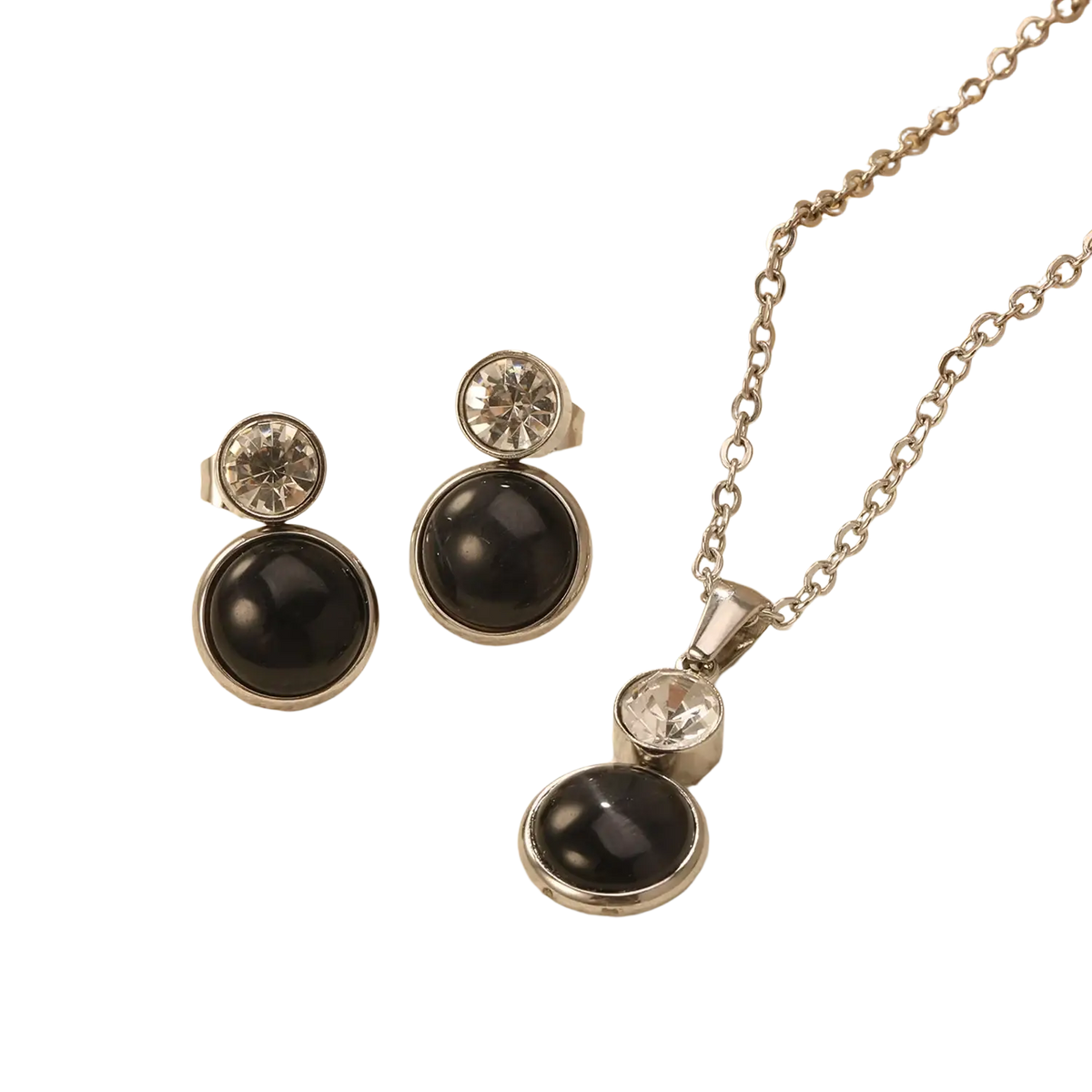 Black onyx and crystal stud earrings in silver-toned metal settings from stainless steel black opal jewelry set