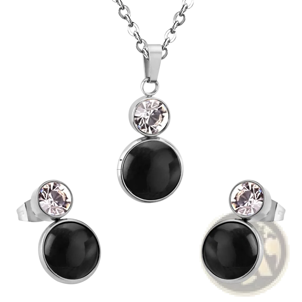 Stainless steel black opal necklace and earring set featuring black onyx and crystal pendant with stainless steel accents