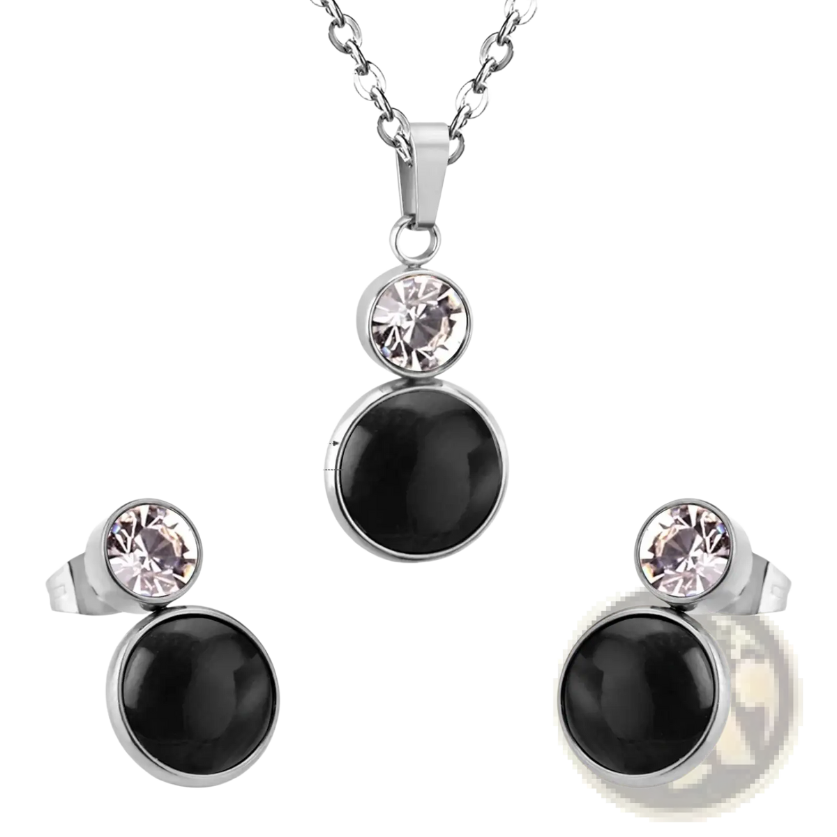 Stainless steel black opal necklace and earring set featuring black onyx and crystal pendant with stainless steel accents