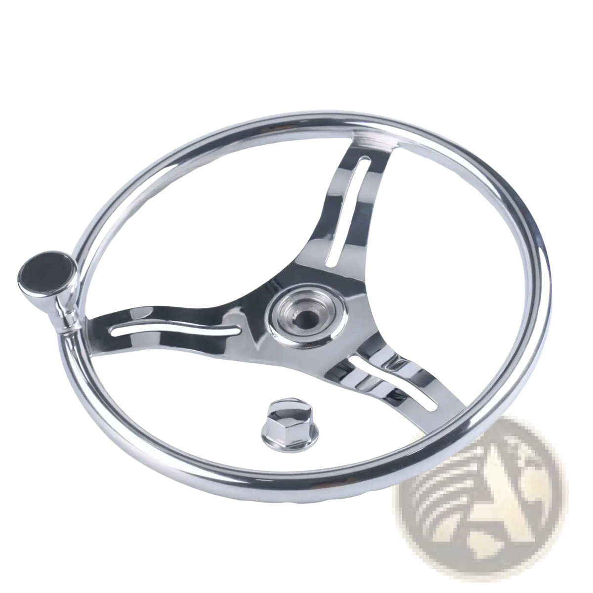 Stainless steel boat steering wheel 13.5 inch with chrome finish three spokes central hub and attached handle