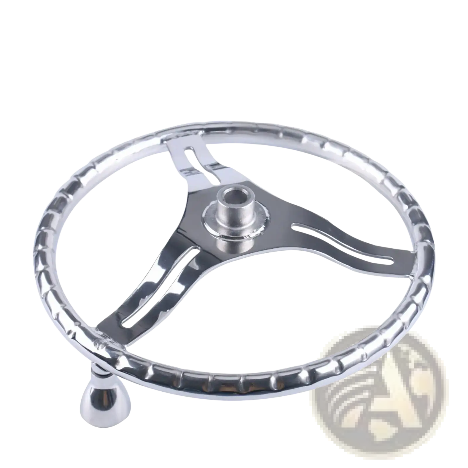 Chrome-finished three-spoke stainless steel boat steering wheel adapter with textured rim and central mounting hole visible