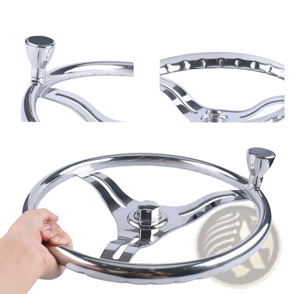 Stainless steel boat steering wheel 13.5 inch with shiny chrome finish, tapered knob, and knurled tube design