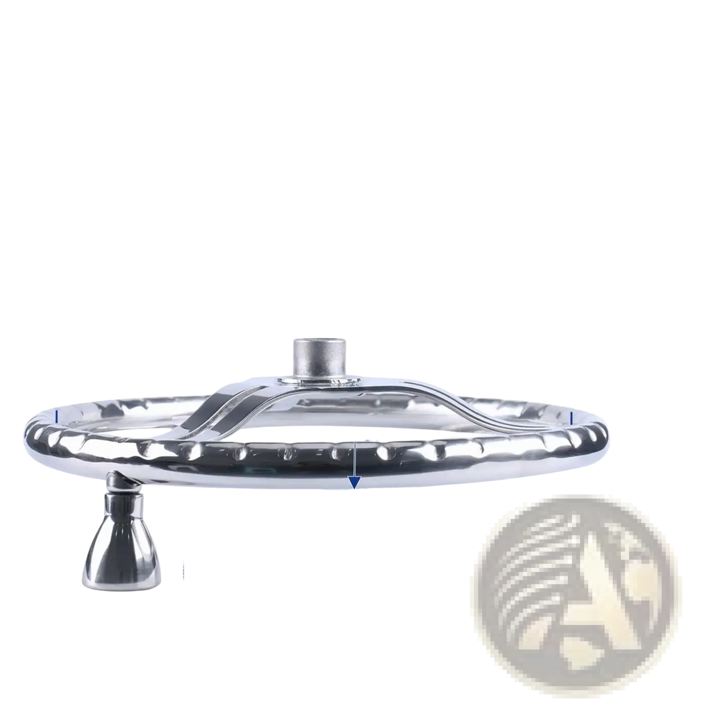 Shiny chrome-finished stainless steel mixing bowl with textured rim and integrated handle for boat steering wheel use