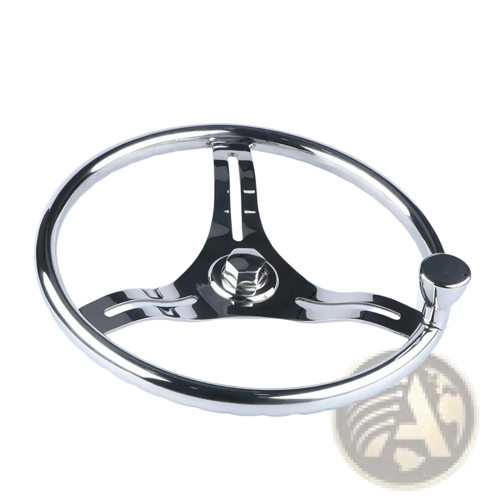 Shiny chrome-finished stainless steel boat steering wheel 13.5 inch with three-spoke design and central hexagonal bolt