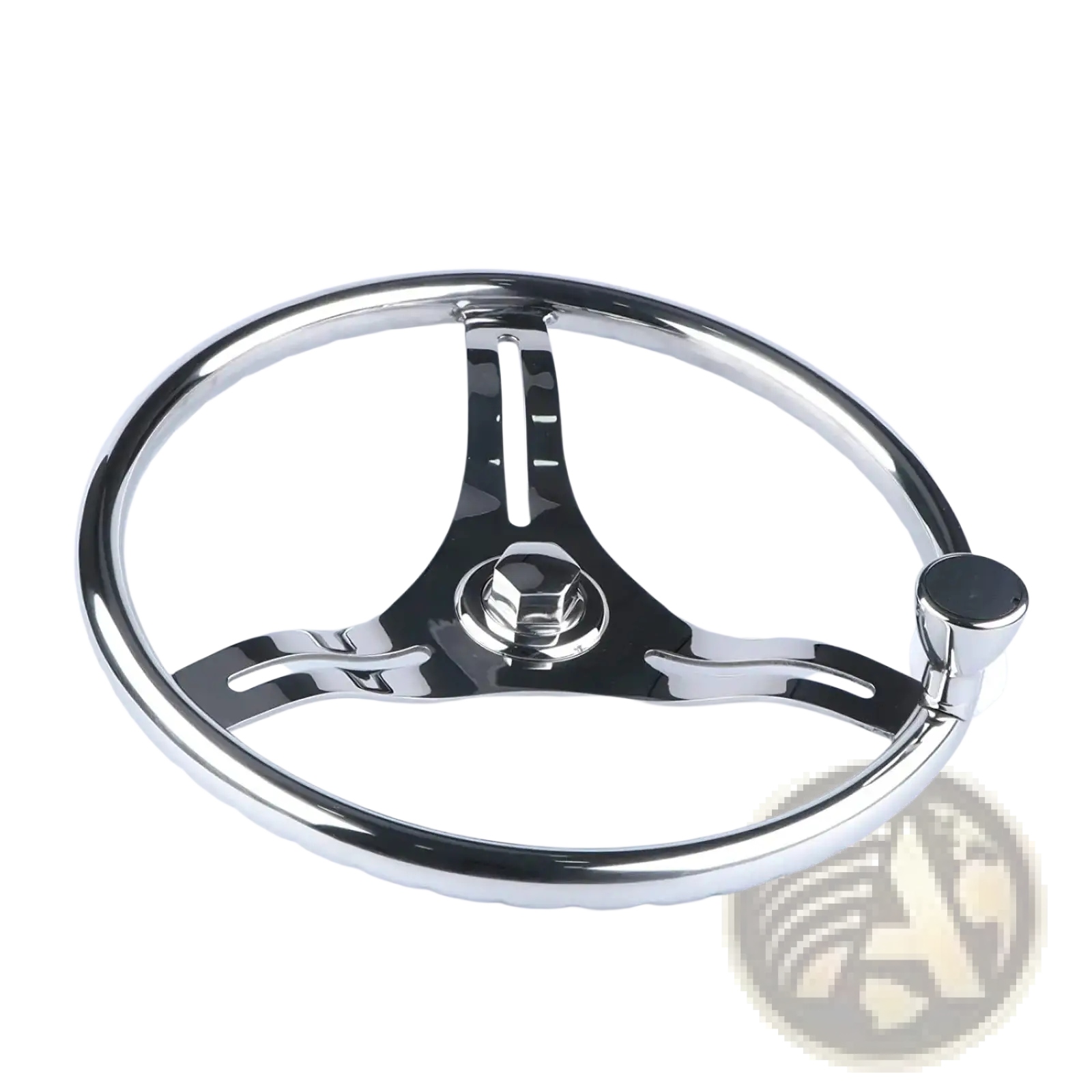 Shiny chrome-finished stainless steel boat steering wheel 13.5 inch with three-spoke design and central hexagonal bolt