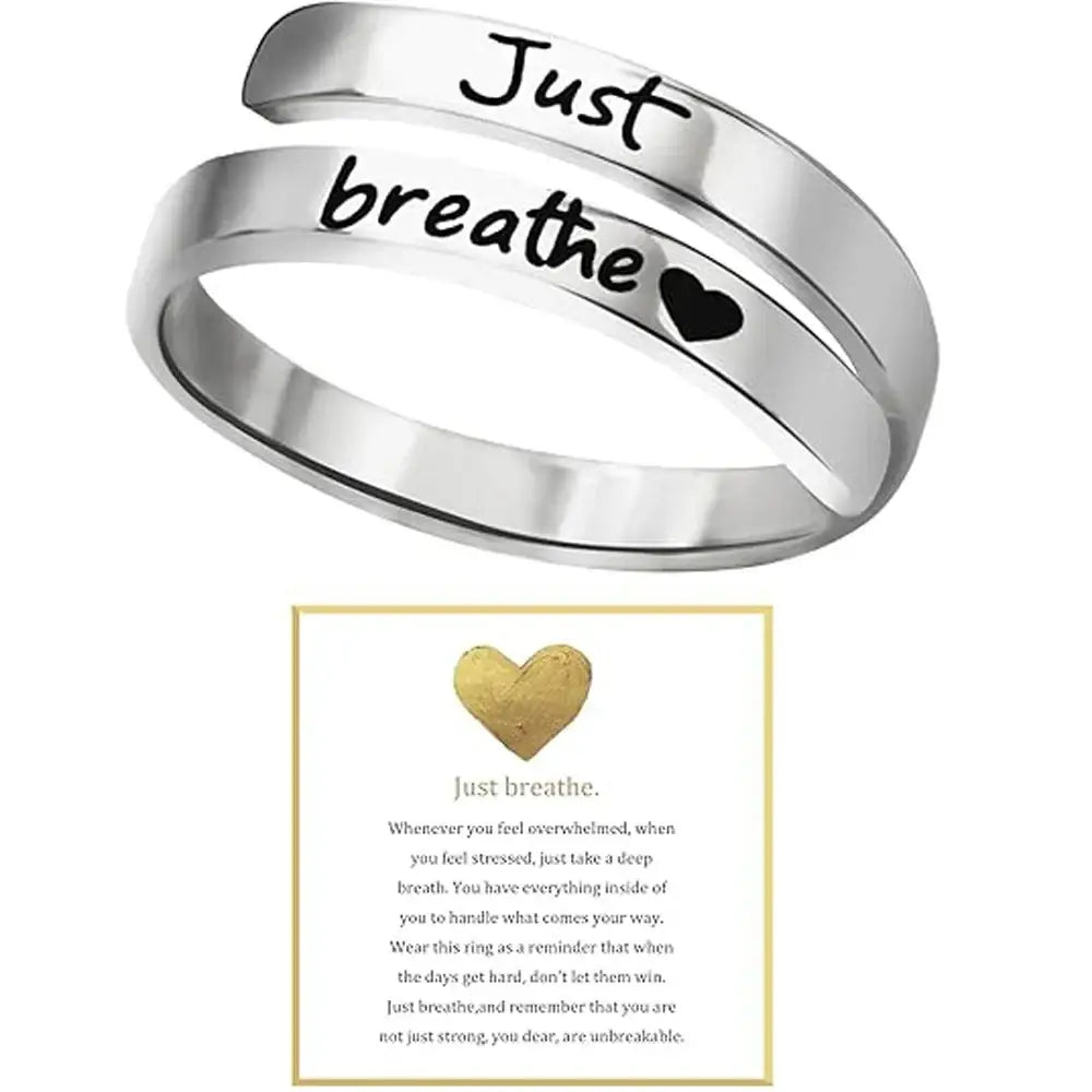 Silver stainless steel just breathe anxiety wrap ring with engraved phrase just breathe and small black heart