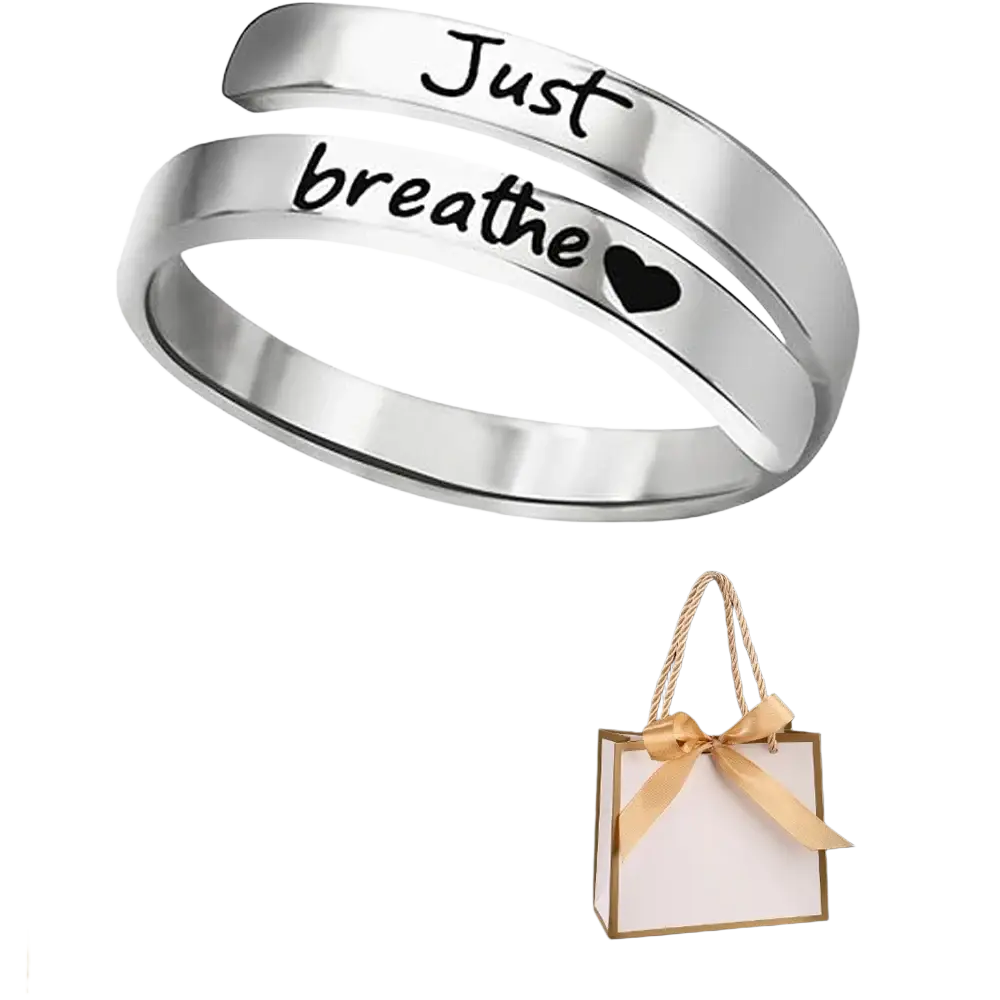 A sleek silver stainless steel just breathe anxiety wrap ring with two intertwined bands engraved with a black heart