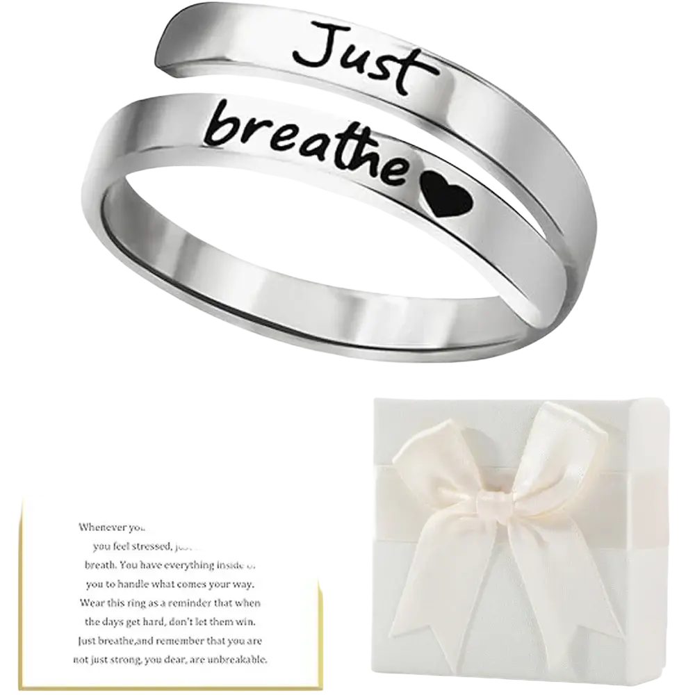 A sleek silver stainless steel double-band just breathe anxiety wrap ring with engraved phrase and small heart