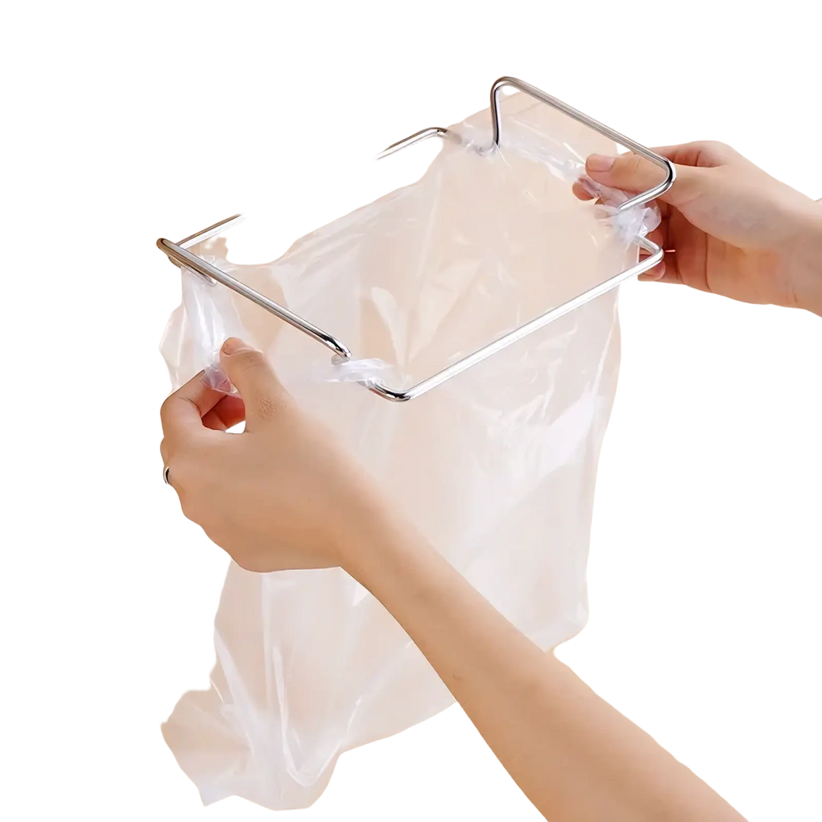 Stainless steel cabinet garbage rack holder with a silver metal frame securing a clear plastic trash bag
