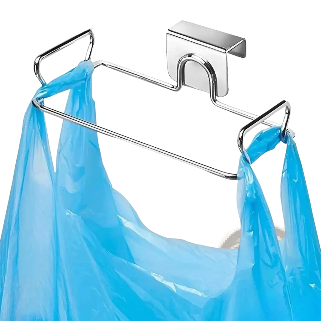 Stainless steel cabinet garbage rack holder with chrome finish metal hooks holding blue plastic grocery bags