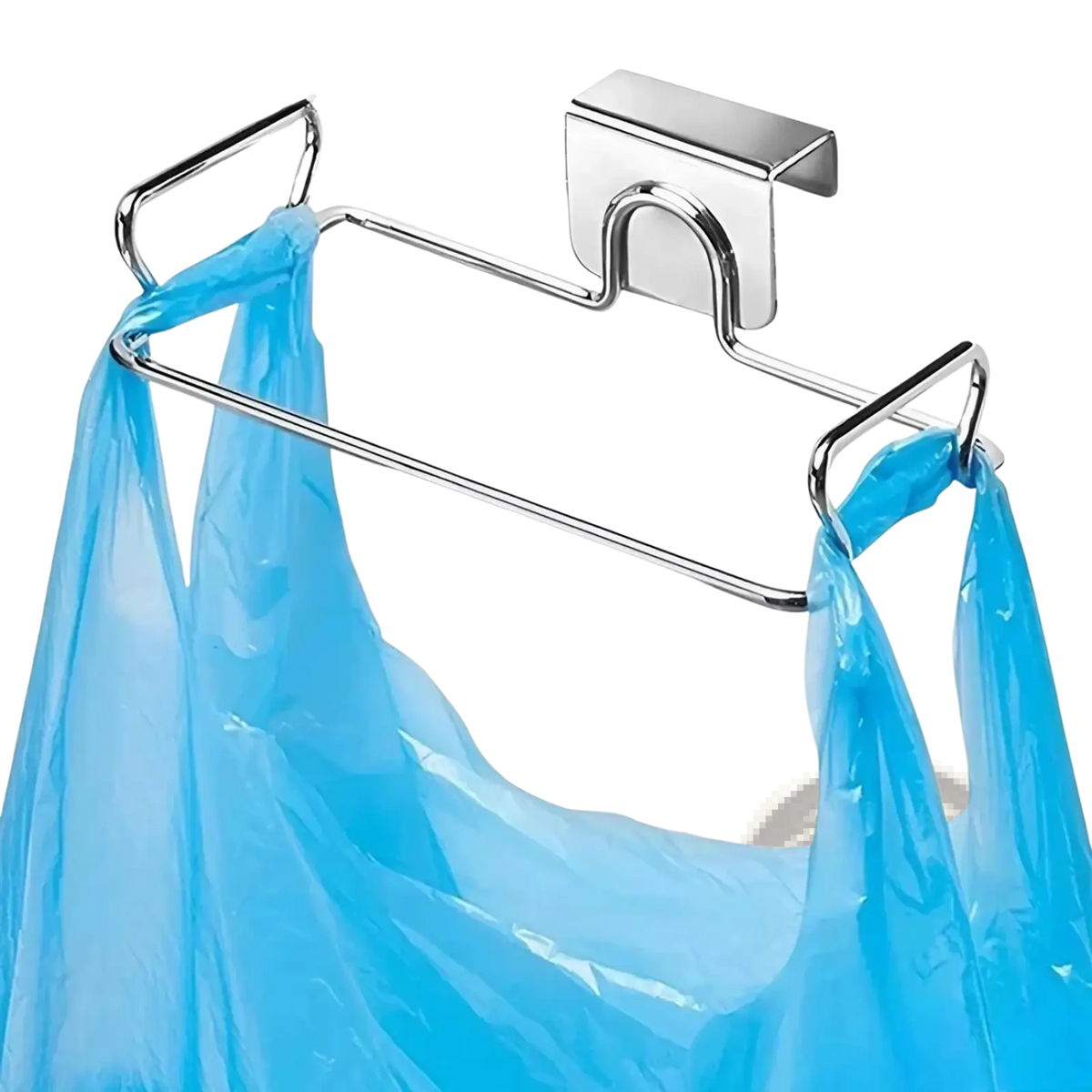 Stainless steel cabinet garbage rack holder with chrome finish metal hooks holding blue plastic grocery bags