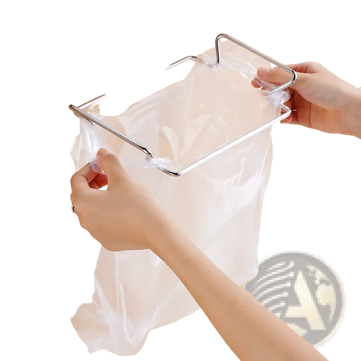 Stainless steel cabinet garbage rack holder with a silver metal frame securing a clear plastic trash bag
