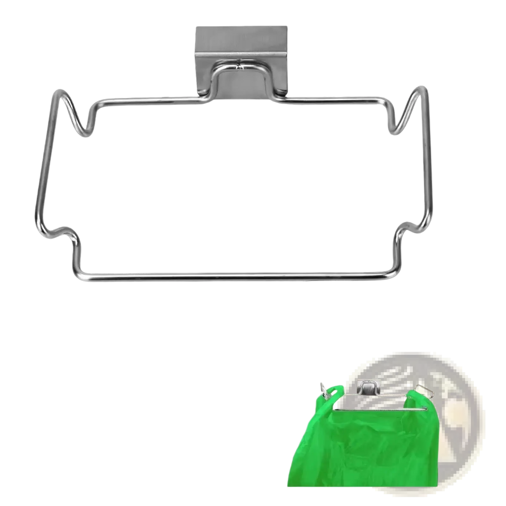 Stainless steel cabinet garbage rack holder with a sleek rectangular frame and curved hooks for kitchen bags