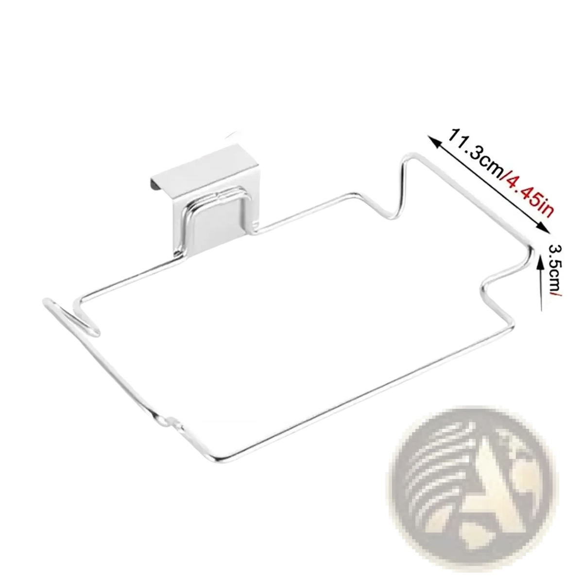 Silver stainless steel cabinet garbage rack holder with a sleek curved design and precise dimensions hanging rack