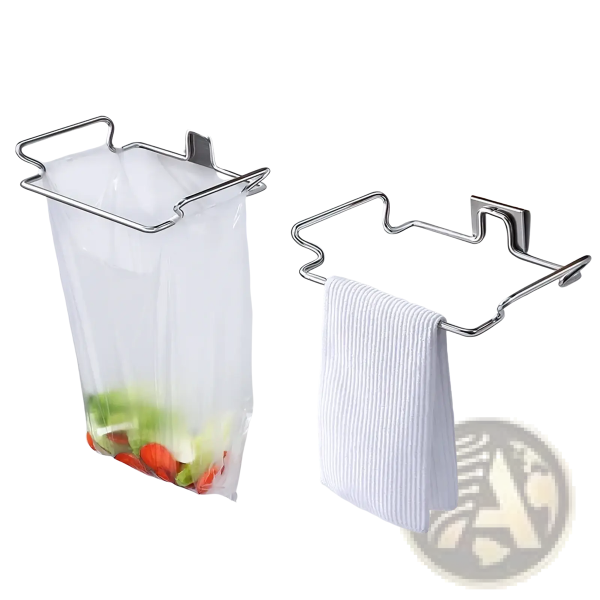 Stainless steel cabinet garbage rack holder with silver metal trash bin holder clear plastic bag and white towel rack