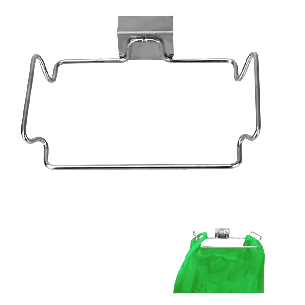 Stainless steel cabinet garbage rack holder with a sleek rectangular frame and curved hooks for kitchen bags