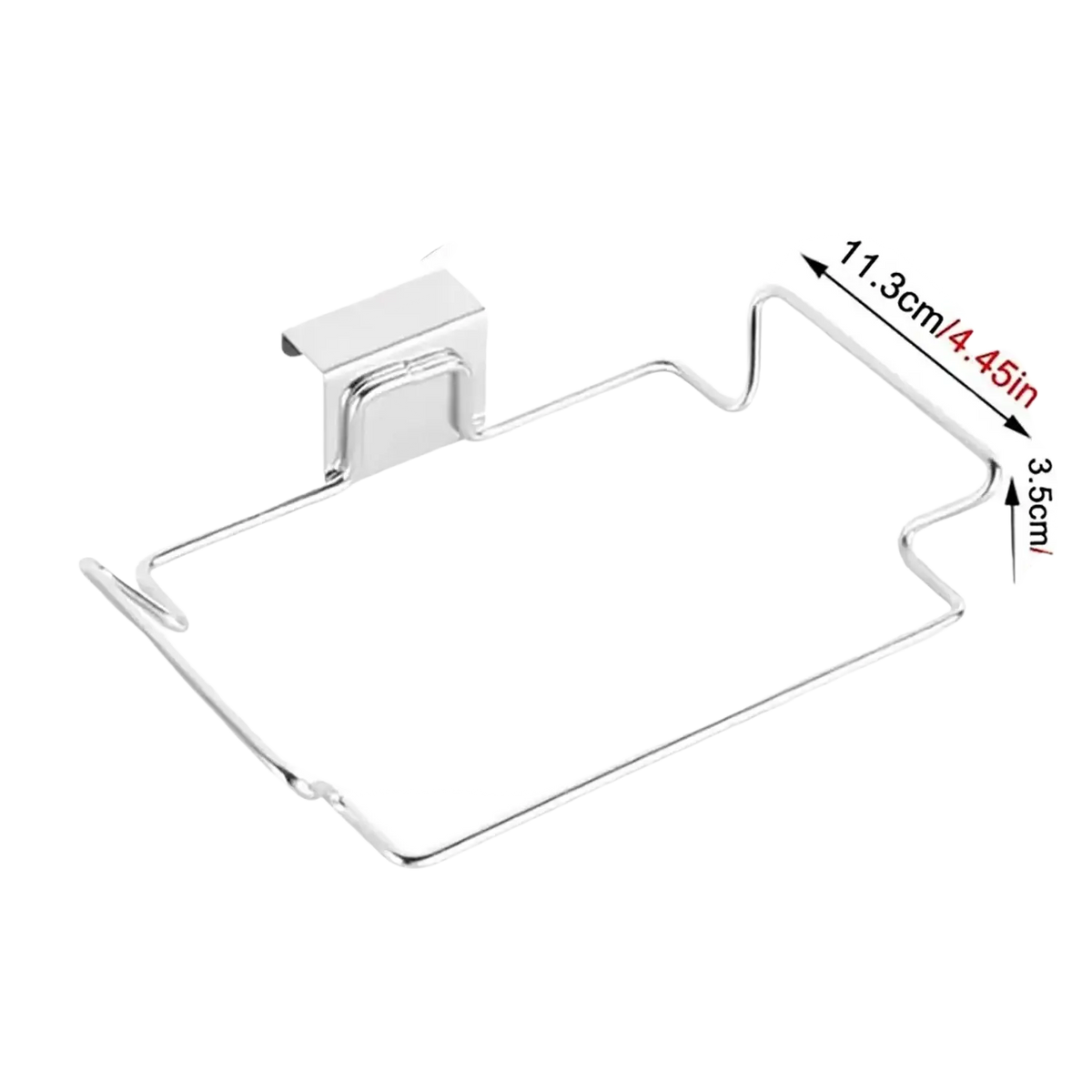 Silver stainless steel cabinet garbage rack holder with a sleek curved design and precise dimensions hanging rack