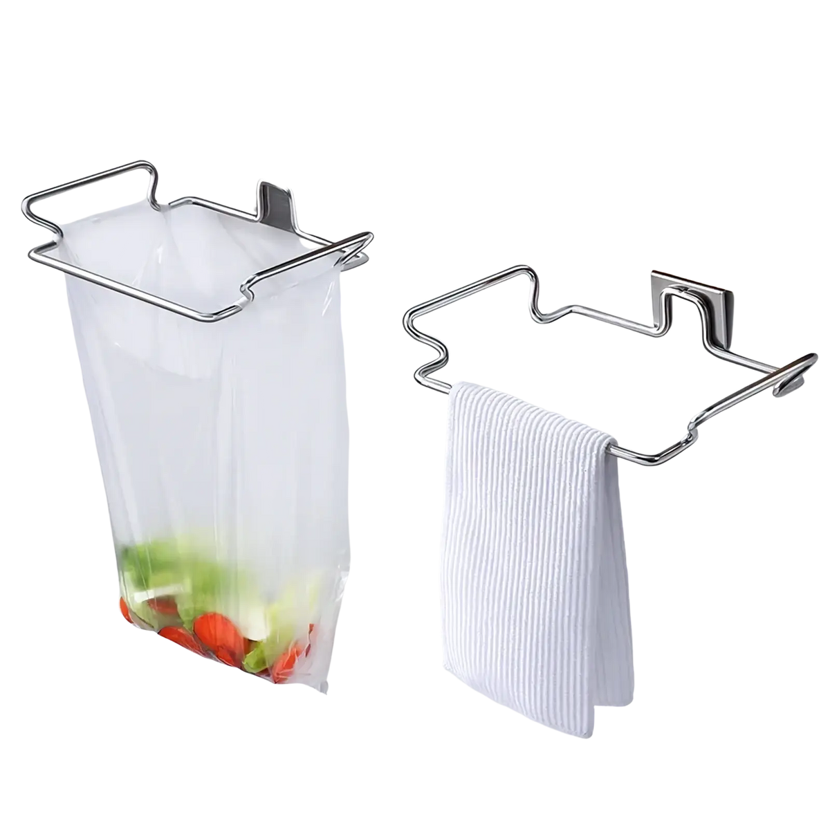 Stainless steel cabinet garbage rack holder with silver metal trash bin holder clear plastic bag and white towel rack
