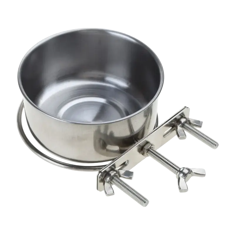 Stainless steel cage food dispenser with adjustable clamp mechanism and bird feeder bowl for secure feeding