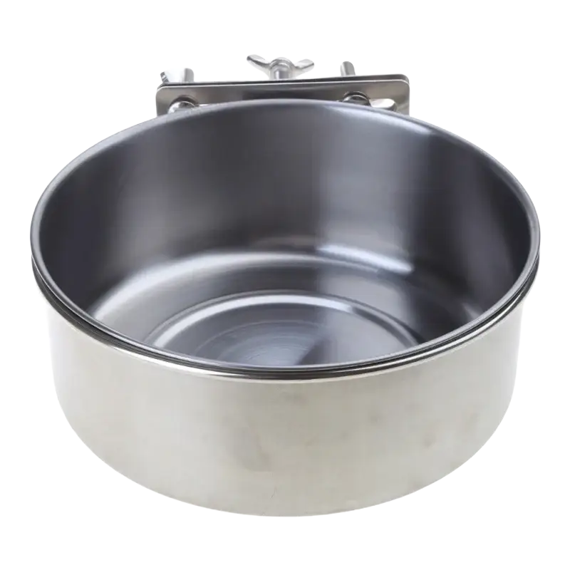 Stainless steel cage food dispenser with a sleek reflective bird feeder bowl and secure mounting bracket