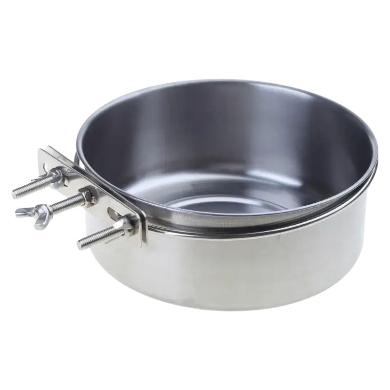 Stainless steel cage food dispenser with bird feeder bowl clamp and adjustable screws for secure mounting