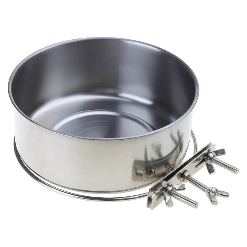Stainless steel cage food dispenser with a cylindrical bowl and adjustable clamp assembly for secure attachment