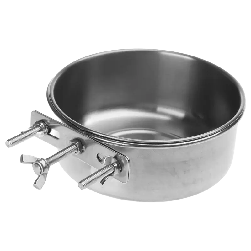 Stainless steel cage food dispenser pet bowl with clamp and wing nuts for secure mounting on cages