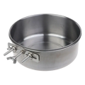 Stainless steel cage food dispenser with a pet bowl and two side-mounted clamps for secure attachment