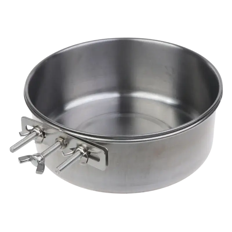 Stainless steel cage food dispenser with a pet bowl and two side-mounted clamps for secure attachment