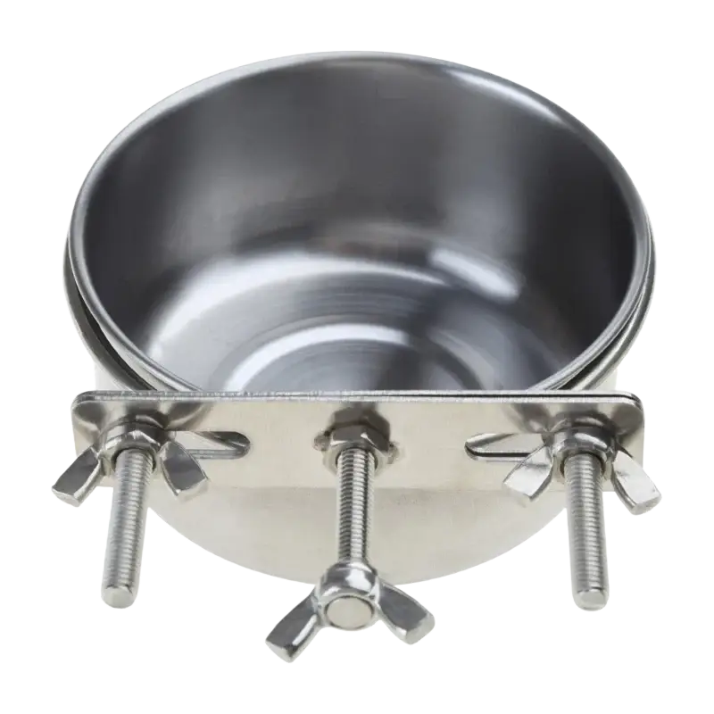 Stainless steel cage food dispenser bowl with mounting bracket and three wing nuts for secure attachment