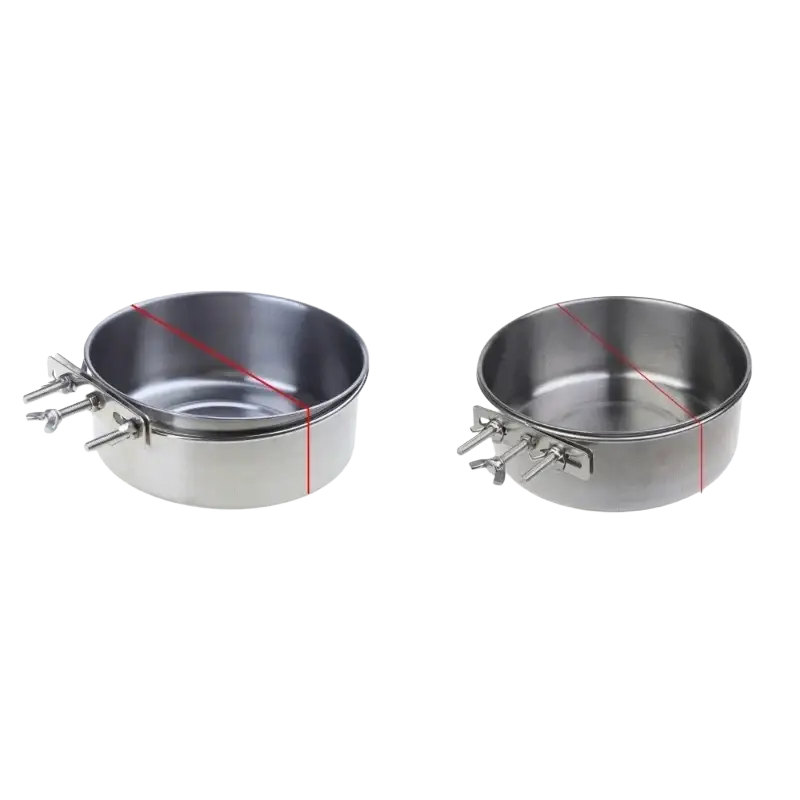 Stainless steel cage food dispenser with clamp-style side attachment for secure mounting of pet food bowl